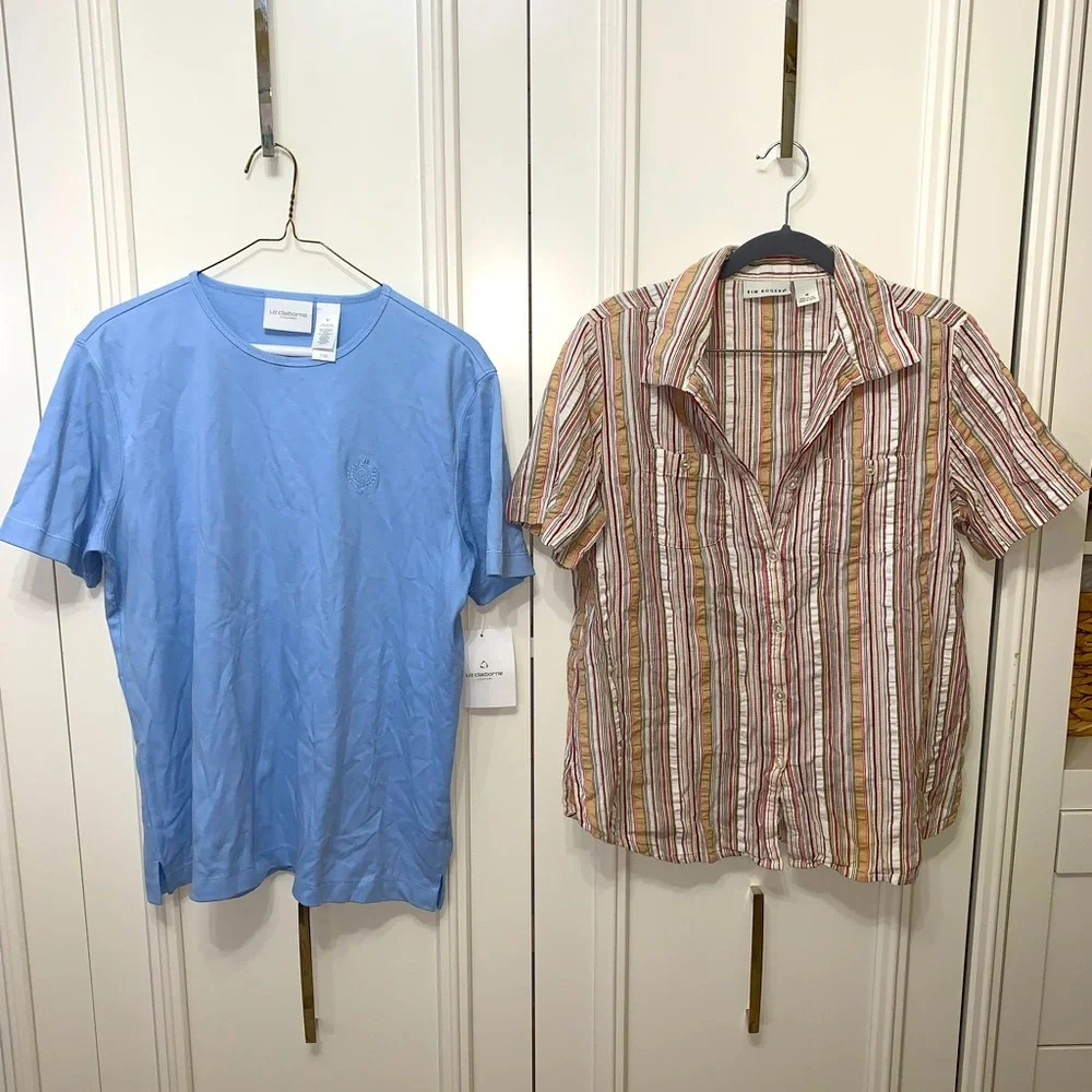 NWT Liz Claiborne V-neck‎ blue tee & Kim Rogers short sleeve button down M